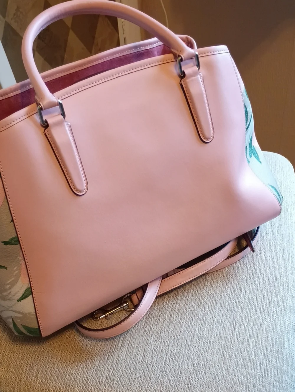 Coach Margo Pink Rose Print Carryall leather Satchel